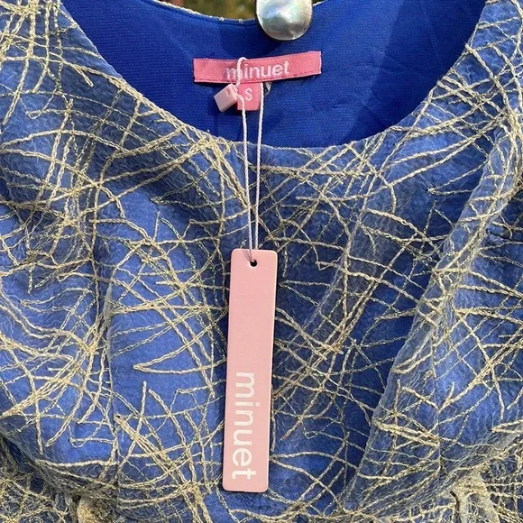 🌺 MINUET; Brand New w/Tags! Unique Blue w/Gold Overlay Party Dress; Misses XS/S - Picture 8 of 13